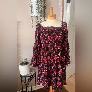 SHEIN Black and Pink Floral Smocked Top
